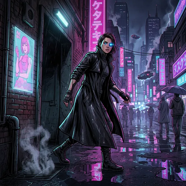Cyberpunk-style AI comic panel sample generated with Tervix