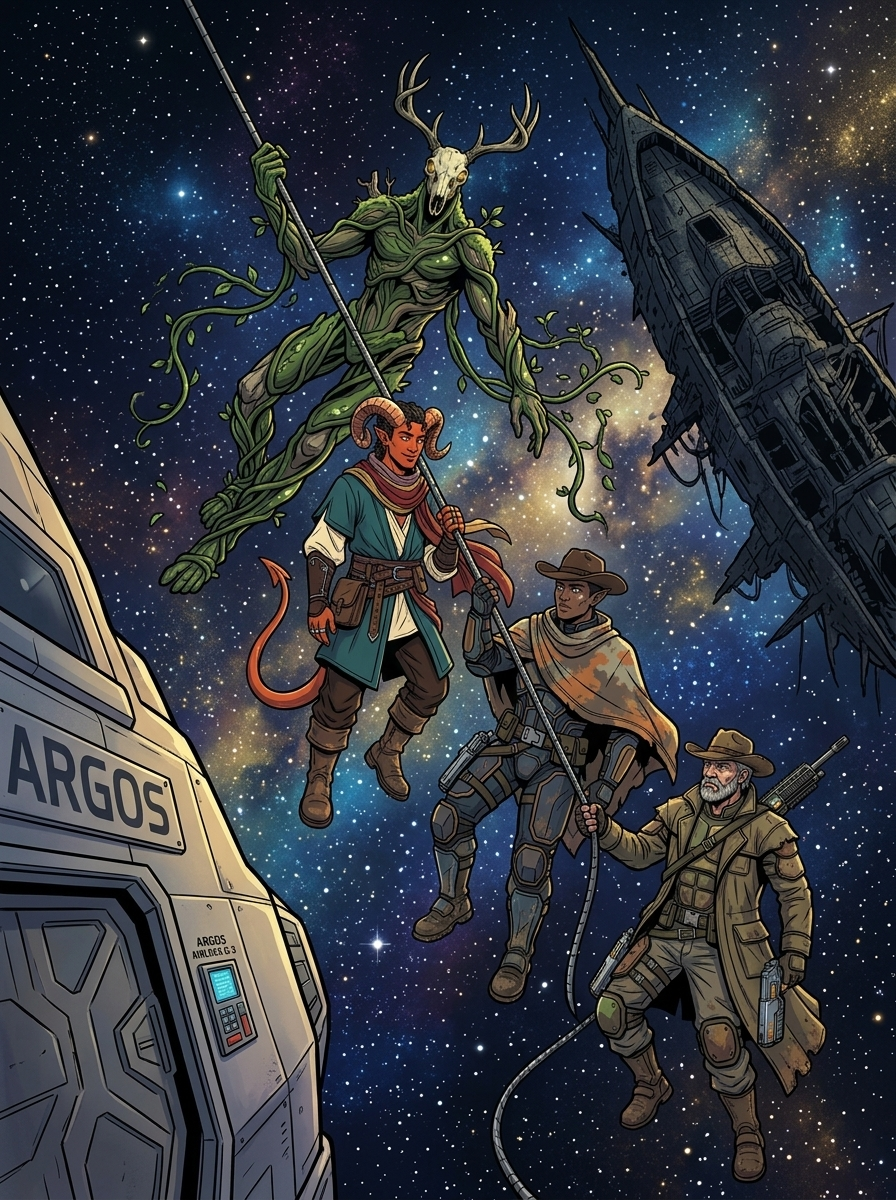 Altir's Fall — page 12 panel 1: The team suits up and crosses the vacuum of space along a tether line toward the dark derelict ship.