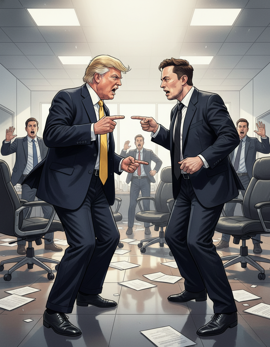 会议风波：trump 和 mask 的冲突 — page 1 panel 3: mask也站了起来，语气强硬地反驳trump，两人的争执升级，会议室的气氛剑拔弩张。