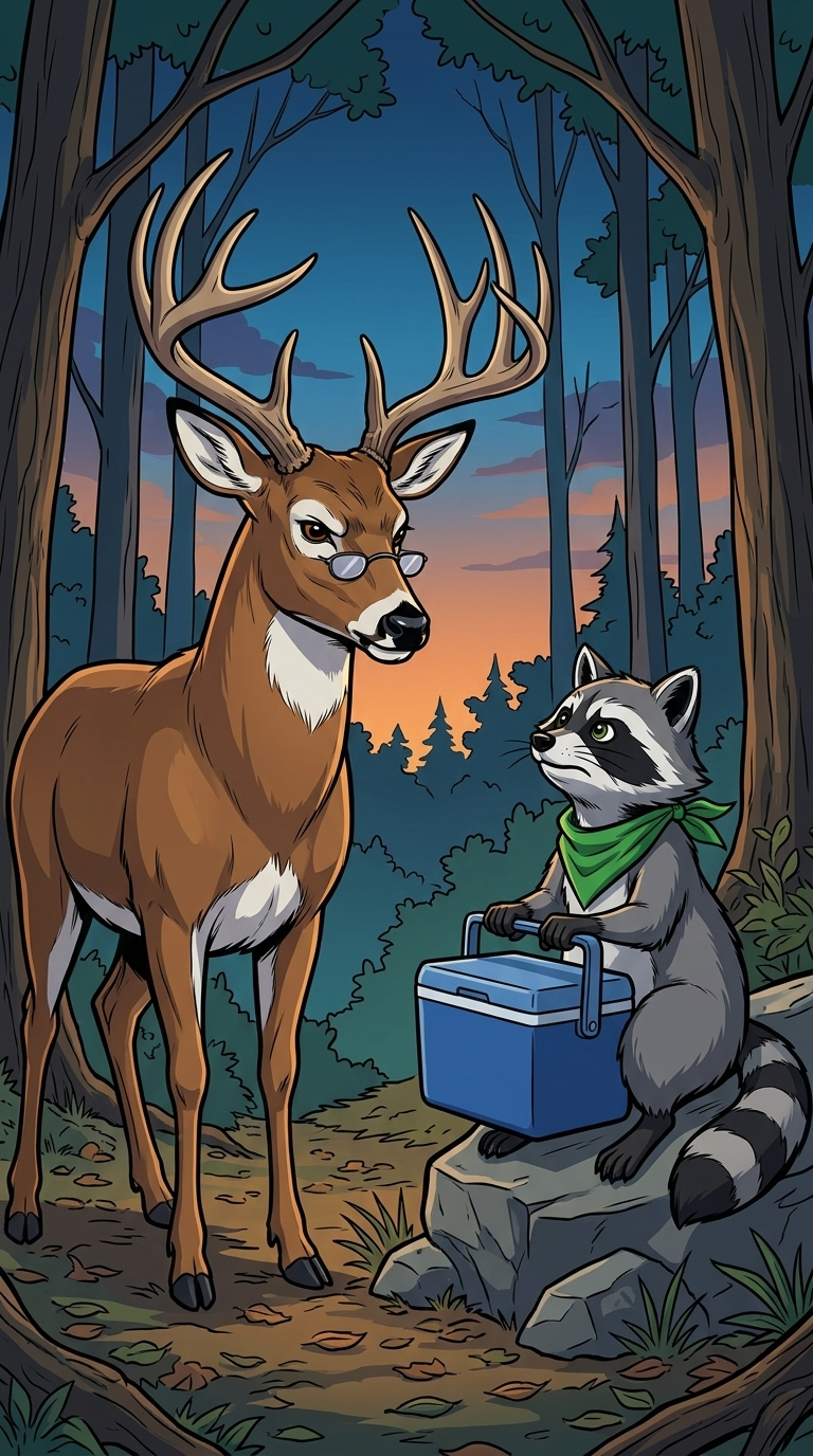 The Burn Pile Council — page 1 panel 3: Gus looks down sternly at Bandit, who is sitting on a small rock holding a blue plastic cooler latch.