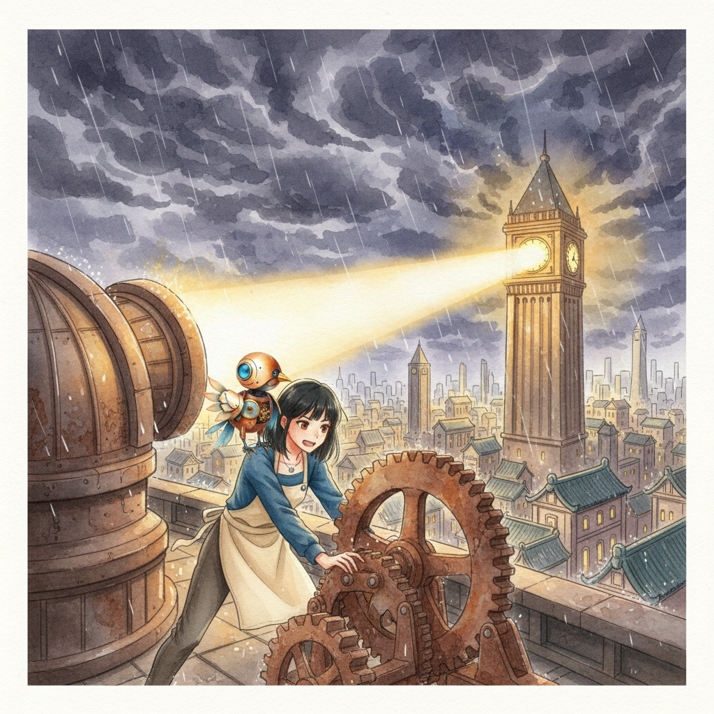 The Clockmaker and the Sky-Map — page 1 panel 4: With Spark perched on her shoulder, Mira works to turn the ancient gears of the observatory lens. As they align, a beam of light shoots across the sky, striking the clock tower, which immediately bursts into a brilliant, warm glow, like a new sunrise over the city.