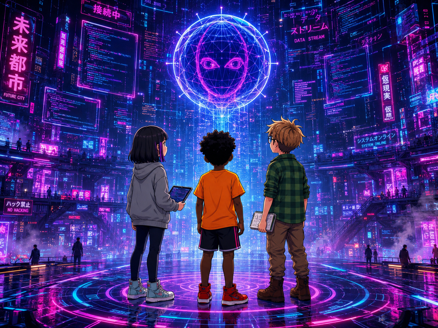 The Digital Defenders: CIVIX Adventure — page 1 panel 4: The trio lands in a vast, glowing digital realm where platforms float amidst swirling code and data streams. Before them, CIVIX, a luminous AI orb, materializes.