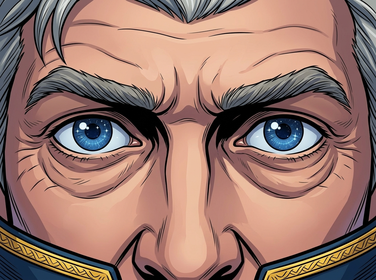 The Man Who Outlived the Ice — page 2 panel 6: A tight close-up on Sir John Franklin's eyes, reflecting the sharp, cold stars of the Arctic night. There's a glint of desperation and a final, stubborn resolve.