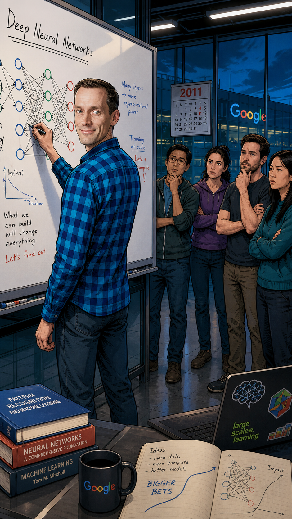 The Man Who Built Google's Brain — page 2 panel 6: In 2011, Jeff Dean co-founds Google Brain, choosing to bet early on neural networks. The room is uncertain, but his conviction is calm.