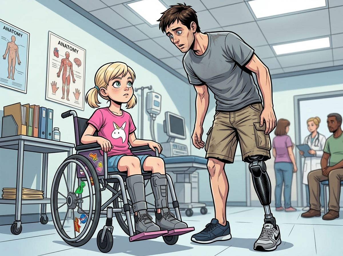 The Ghost Leg and the Coming Storm — page 2 panel 1: A small voice cuts through the room. Andrew looks down to see Emma, a towheaded girl of eight in a sticker-covered wheelchair, her gray-green eyes devoid of pity, asking a blunt question about his prosthetic.
