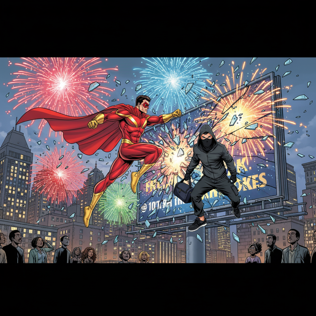 Crimson Comet: Harbor Heist — page 2 panel 2: CRASH! Both figures burst through the fireworks billboard in a spectacular explosion of light, sparks, and debris, momentarily engulfed in a shower of brilliant colors. The city lights below briefly flicker.