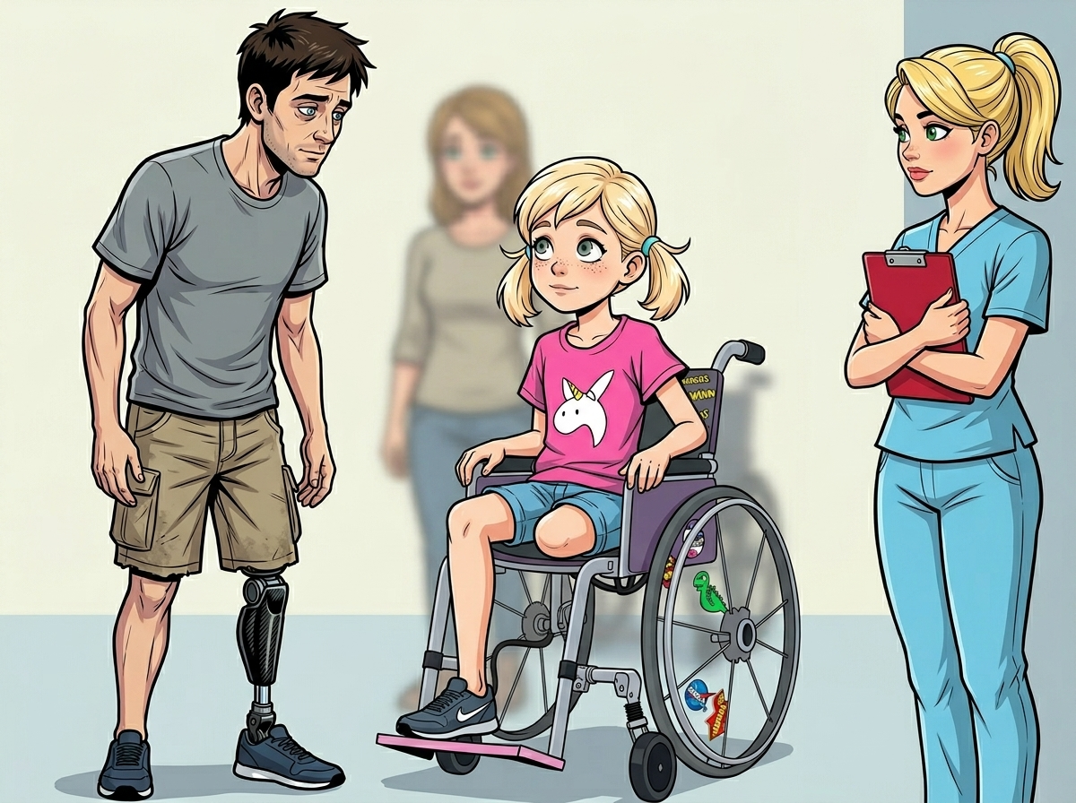 The Ghost Leg and the Coming Storm — page 2 panel 6: Andrew looks at Emma’s mother, who hovers with concern, and affirms Emma’s experience: the phantom pain is real. He then shares the name of his own phantom pain, 'Hector,' with Emma.