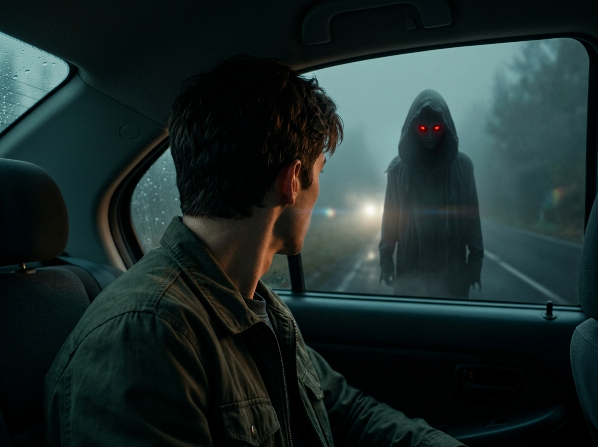 Things That Wait — page 2 panel 3: Over-the-shoulder shot from inside the car as it speeds away. Through the side window, the hooded figure is slowly turning its head to watch the car depart.