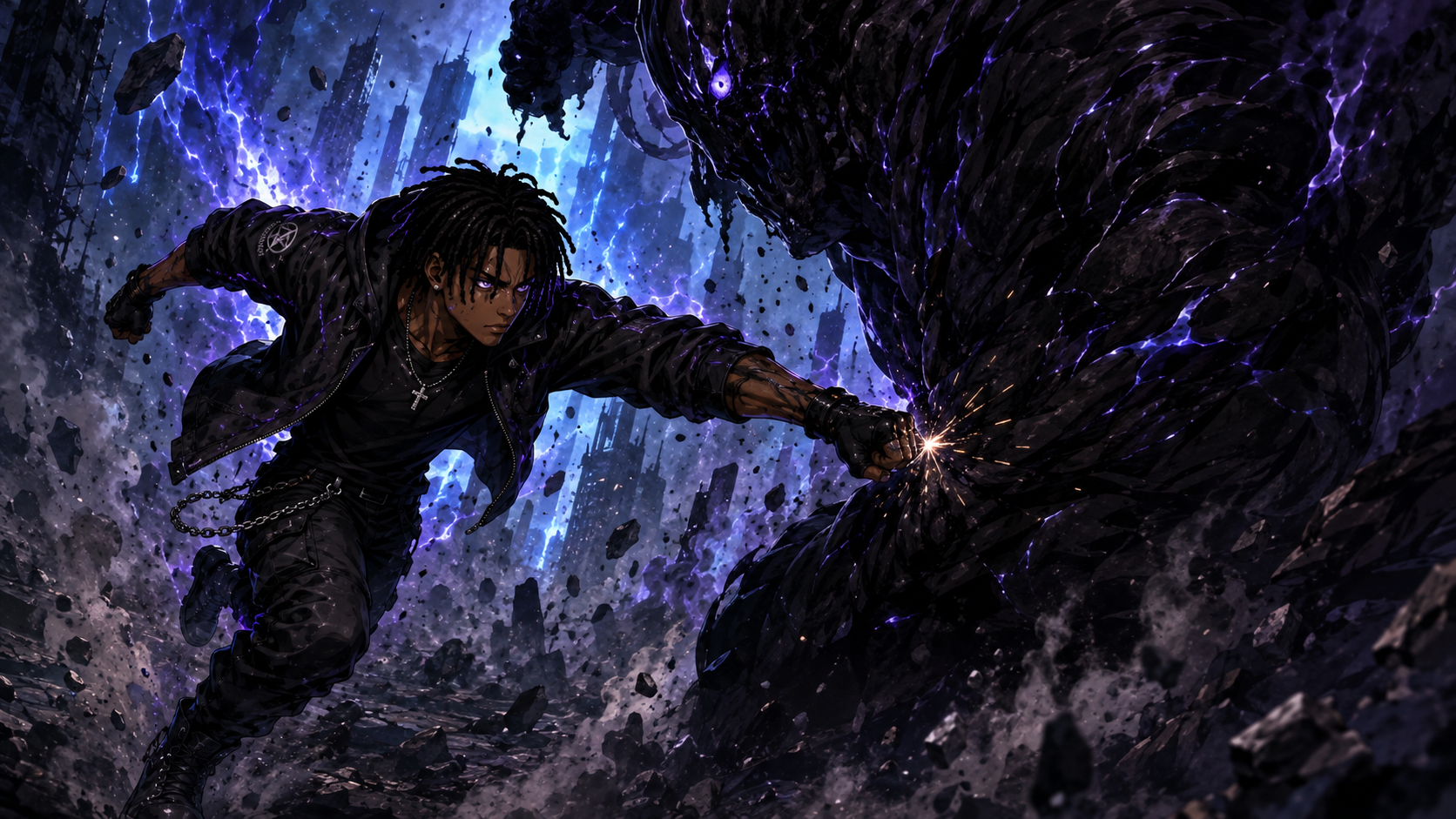 ZERO RANK — Episode 1: Rank Zero — page 2 panel 3: A monster emerges from the darkness. Malik Cross swings first, but the attack barely affects it. His confidence breaks instantly.