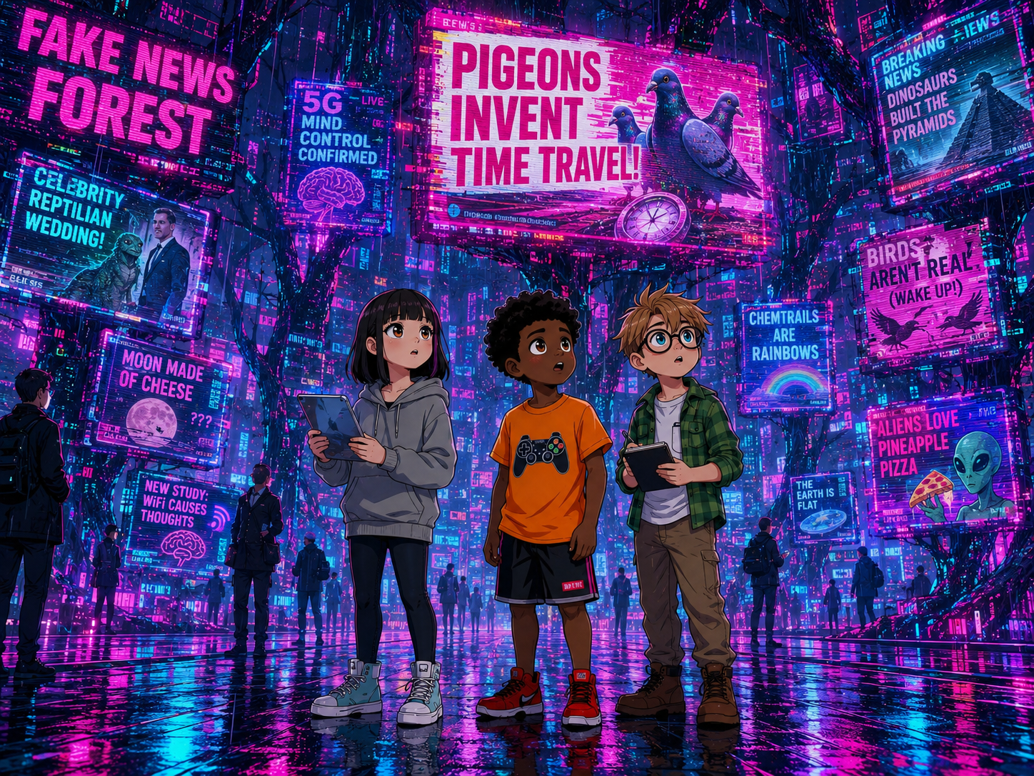 The Digital Defenders: CIVIX Adventure — page 3 panel 1: The digital world transforms into a dense 'Fake News Forest' with glowing, distorted headlines floating everywhere. One particularly absurd headline catches their eye.
