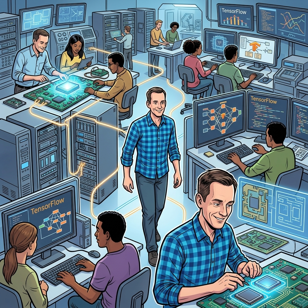 The Man Who Built Google's Brain — page 3 panel 1: A montage shows Google Brain's team building TensorFlow and TPU chips, turning deep learning into practical tools for millions of developers.