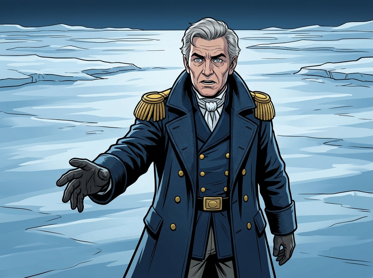 The Man Who Outlived the Ice — page 3 panel 2: Franklin extends a gloved hand towards the vast, indifferent ice, an act of desperate defiance, attempting to bargain with the elemental force that has trapped him.