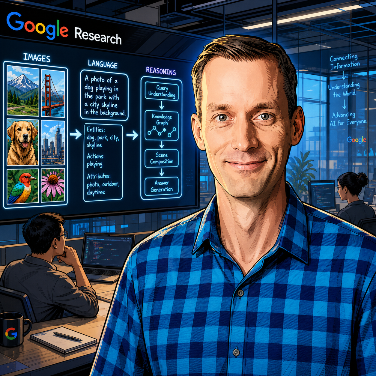 The Man Who Built Google's Brain — page 3 panel 2: As Google's Chief Scientist, Jeff Dean watches Gemini models demonstrate the ability to see, read, and reason. The quiet infrastructure engineer recognizes the scale of what has changed.