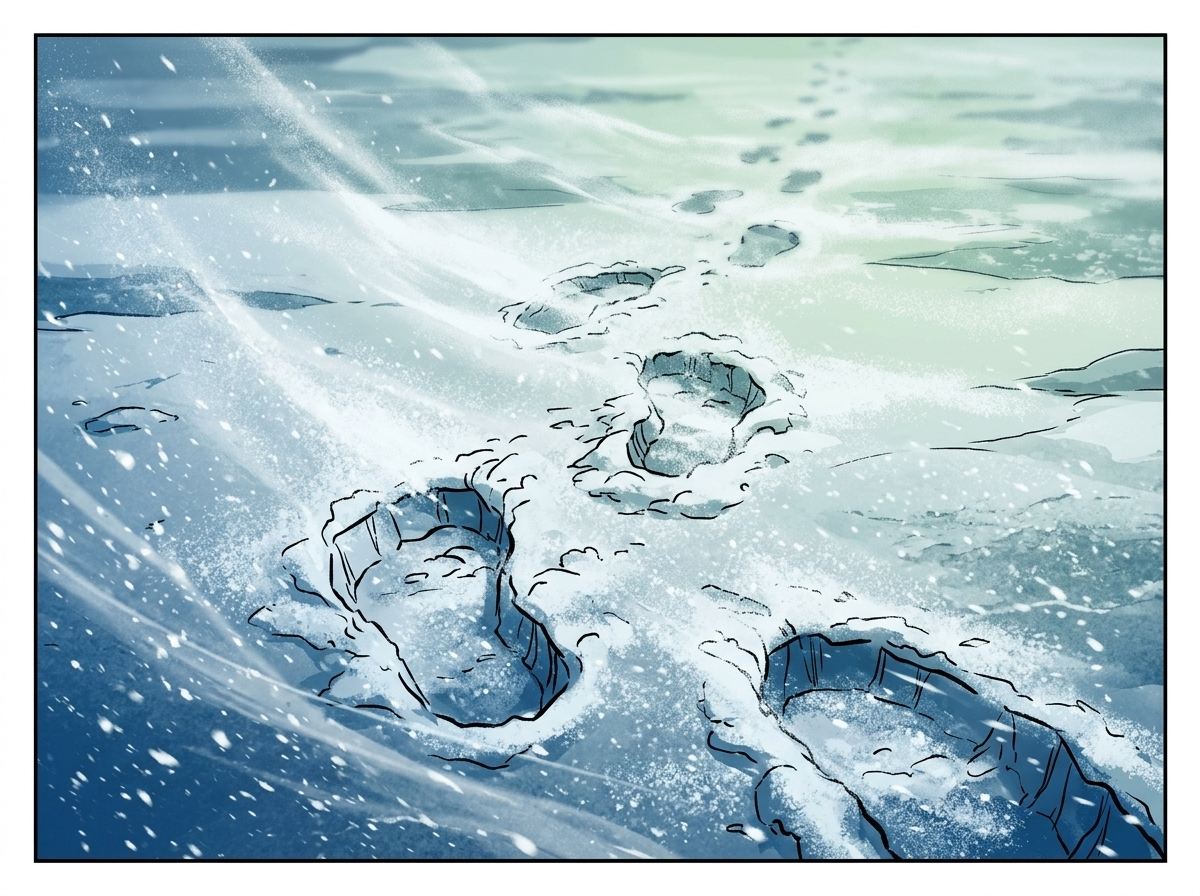 The Man Who Outlived the Ice — page 3 panel 3: His footprints in the snow are quickly erased by the relentless wind and fresh snowfall, symbolizing the futility of his 'bargain' and his eventual disappearance.