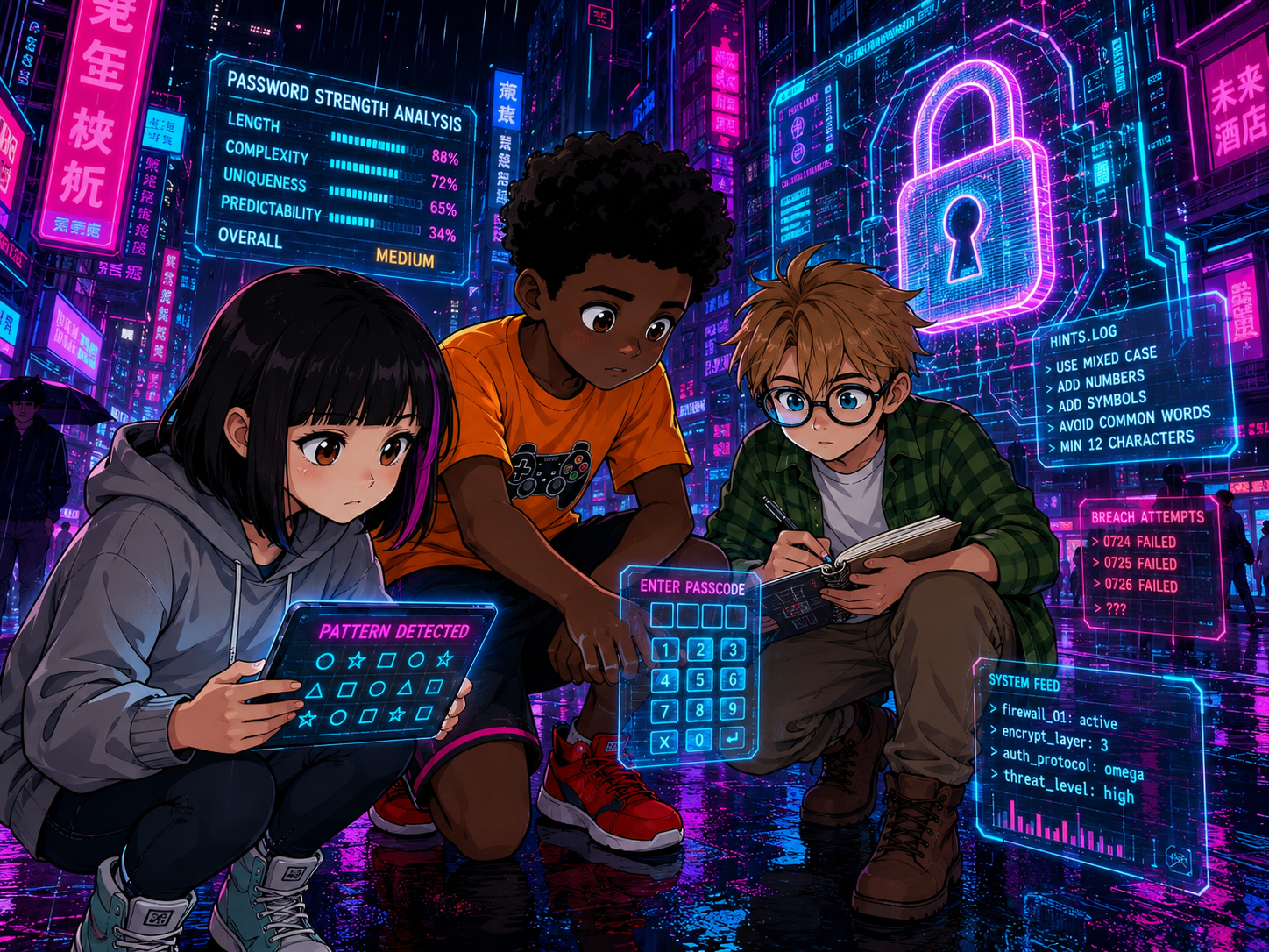 The Digital Defenders: CIVIX Adventure — page 3 panel 5: Clues appear around the lock, cryptic symbols and phrases about password strength. The trio huddles, brainstorming, Sam taking notes, Maya analyzing patterns, Jordan trying different combinations.