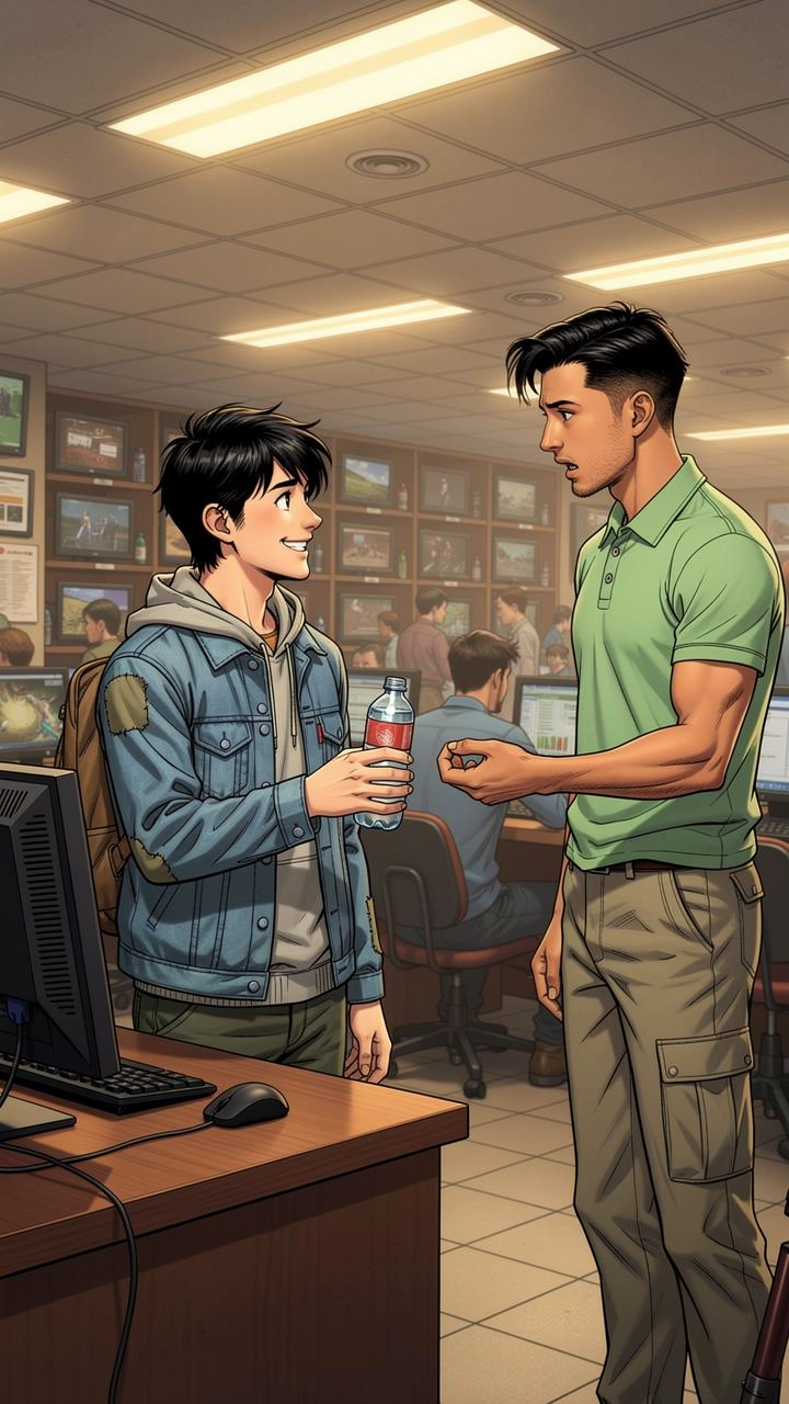 赵明的夏天 — page 3 panel 1: 赵明的朋友小李来到网吧看他，递给他一瓶水，眼神中带着关心。