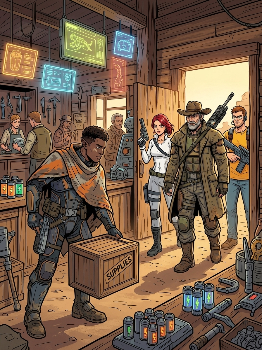 Altir's Fall — page 3 panel 1: At the town docks, Zilla is hauling crates when Captain Knox, Jessie, and Jameson arrive.