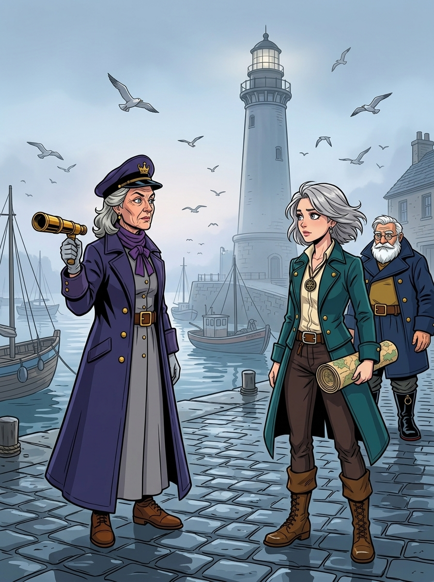 The Moving Sea — page 3 panel 1: Before sunrise, the storm has passed, leaving the harbor wrapped in silver mist. Mira and Tomas stand beneath the lighthouse, while Captain Odessa approaches with her brass telescope and a hard-won decision.