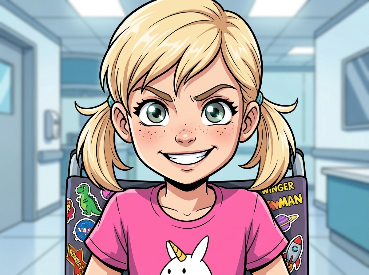 The Ghost Leg and the Coming Storm — page 3 panel 2: Emma nods decisively, her small face radiating strength. She's ready to carry her pain, fueled by the dream of a running blade, like an Olympic athlete.