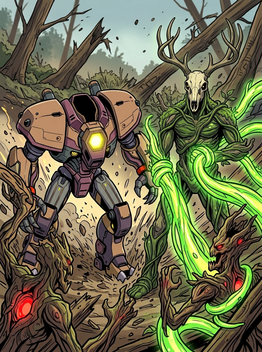 Altir's Fall — page 7 panel 2: Eldar helps Redwood fight off possessed Ermites in a desperate defensive action.