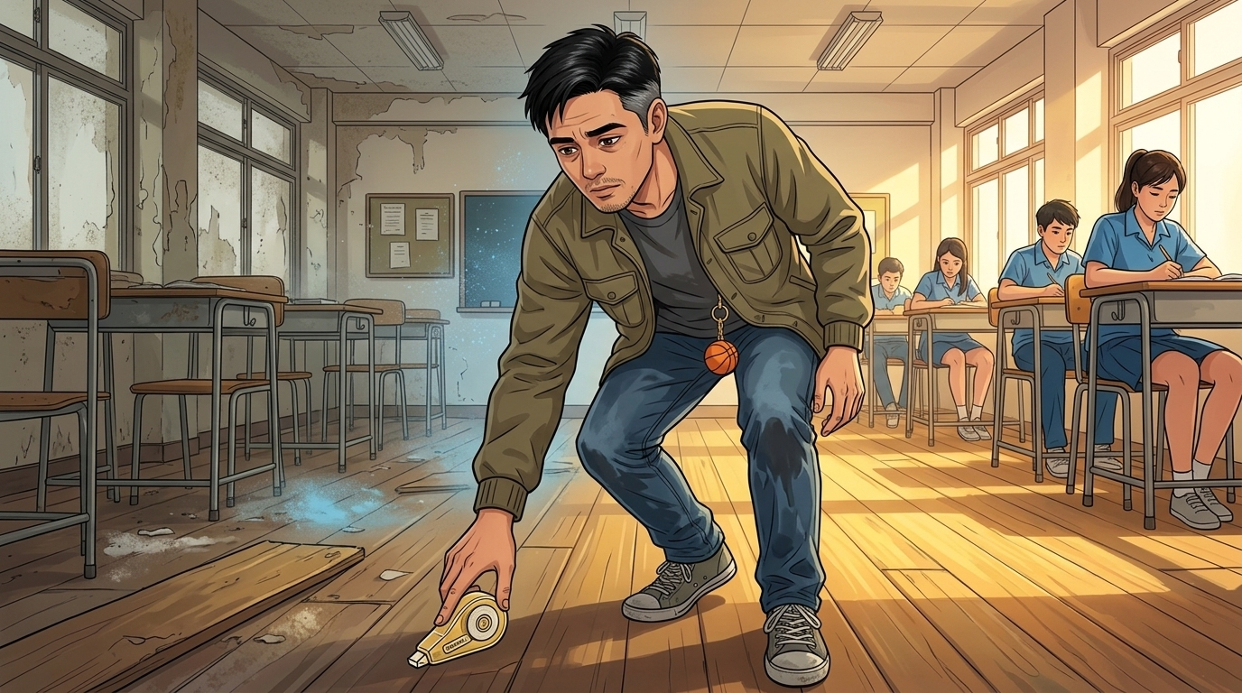 Letters I'll Never Send — Part One: Miles Between Us — page 9 panel 6: PB touches the correction tape dispenser. The present classroom begins dissolving around his fingers: green paint, wet concrete, and storm shadows give way to lemon floor wax, blue chalk dust, and warm July sunlight.